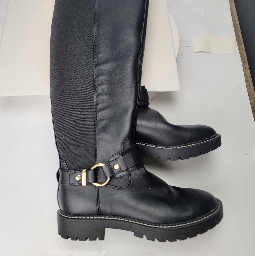 Tommy Hilfiger Black Leather Lug-Soled Knee Boots with Gold Hardware